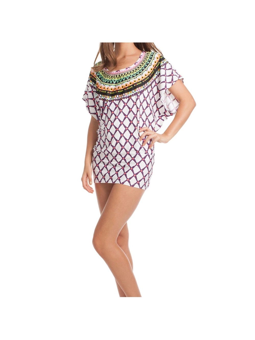 Trina Turk Kon Tiki White Tunic Stretch Jersey Cover Up Dress, Small, vacation